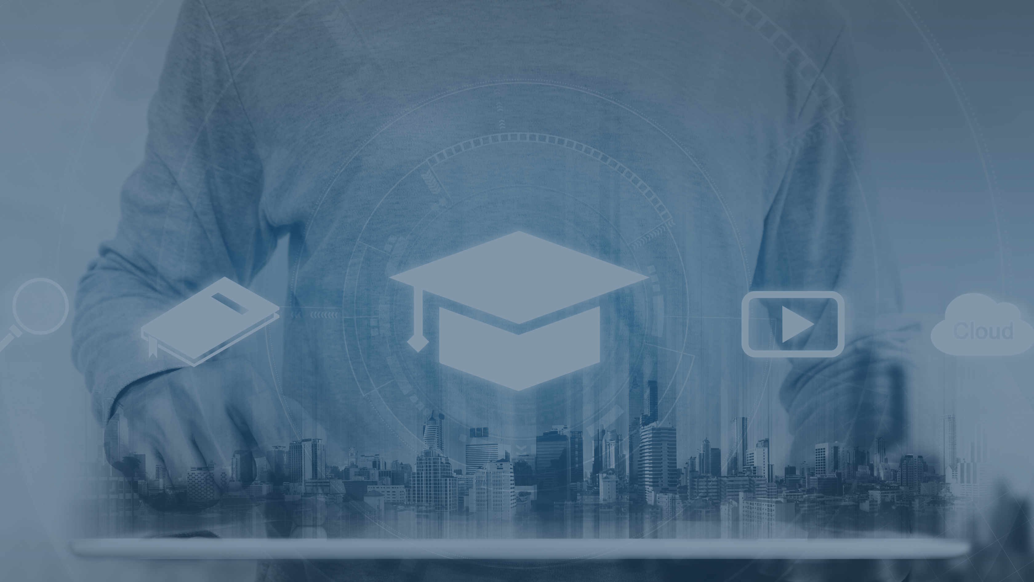 Blaues Bild eines jungen Mannes, der ein Tablet benutzt. Vor ihm sind Symbole wie ein Buch, ein Absolventenhut und ein Wiedergabe-Symbol zu sehen, die Lernen, Bildung und digitale Medien repräsentieren. Im Hintergrund ist die Skyline einer Stadt angedeutet, was Wachstum und Entwicklung symbolisiert.