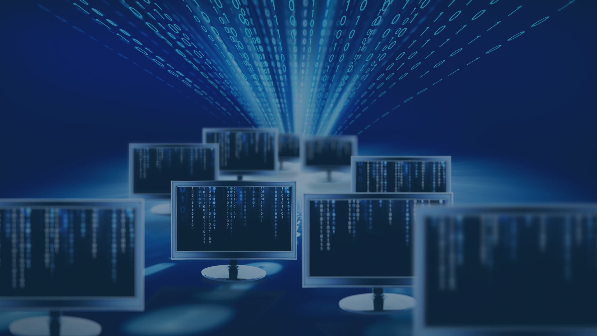 Illustration von mehreren Monitoren, die jeweils mit Binärcode gefüllt sind, vor einem blauen Hintergrund. Digitale Datenströme fließen von den Monitoren in die Tiefe des Bildes, symbolisierend die Vernetzung und Datenverarbeitung in der Cloud. Das Bild repräsentiert die Nutzung von Softwarelösungen und Dienstleistungen auf dem AWS Marketplace sowie die Optimierung und Verwaltung komplexer AWS-Umgebungen.