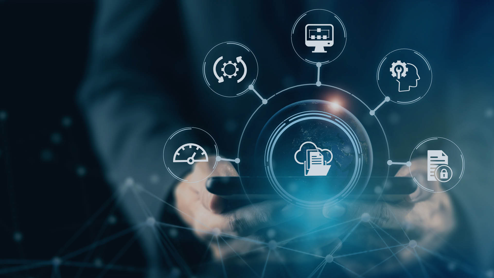 Visualisierung automatisierter Berichte und digitaler Geschäftsprozesse mit Cloud- und Sicherheitsicons