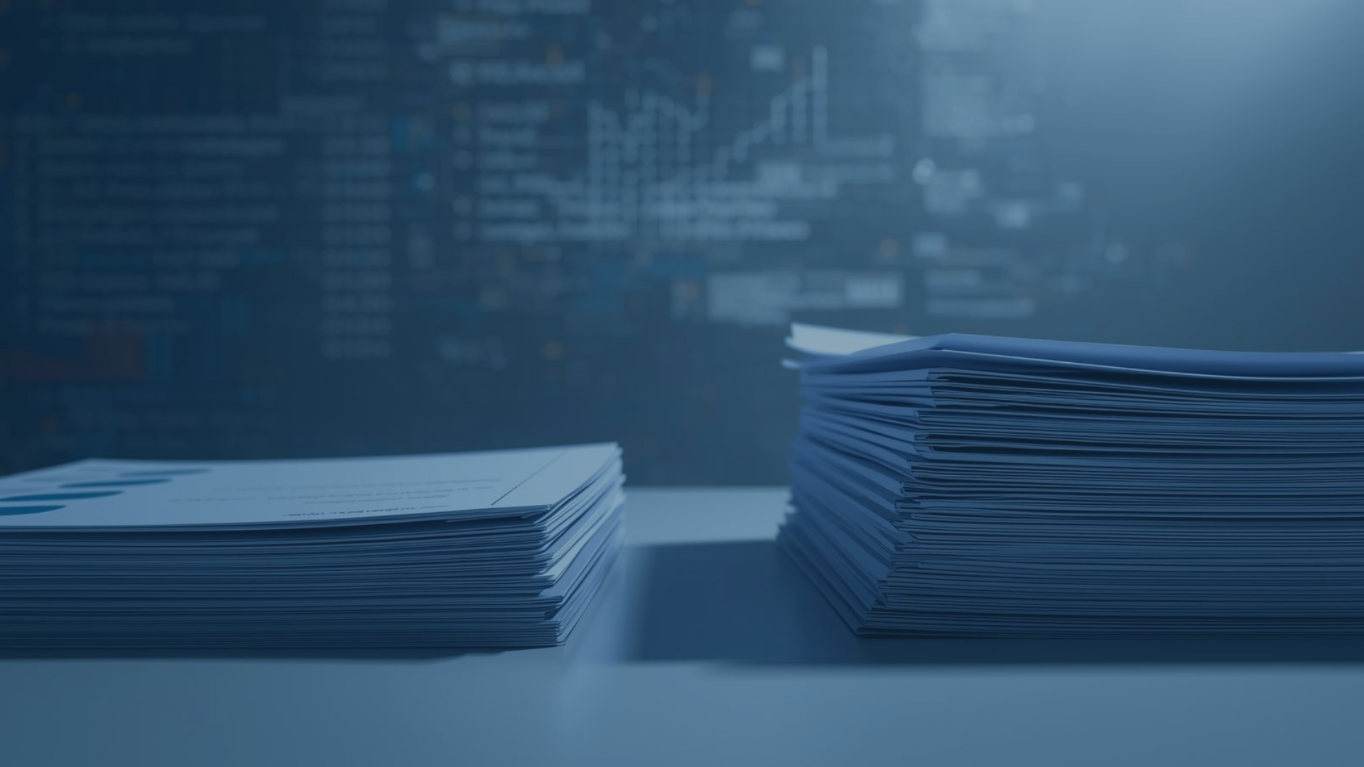 Zwei Stapel von Dokumenten liegen nebeneinander auf einem Tisch vor einem unscharfen Hintergrund mit Daten und Diagrammen. Symbolisch für die automatisierte Dokumenten- und Rechnungsverwaltung mit audius:Seminar und audius:Report auf Basis von Microsoft Dynamics 365, die Veranstaltungen effizient abschließen – von der Erstellung von Zertifikaten bis zur automatisierten Rechnungsstellung.