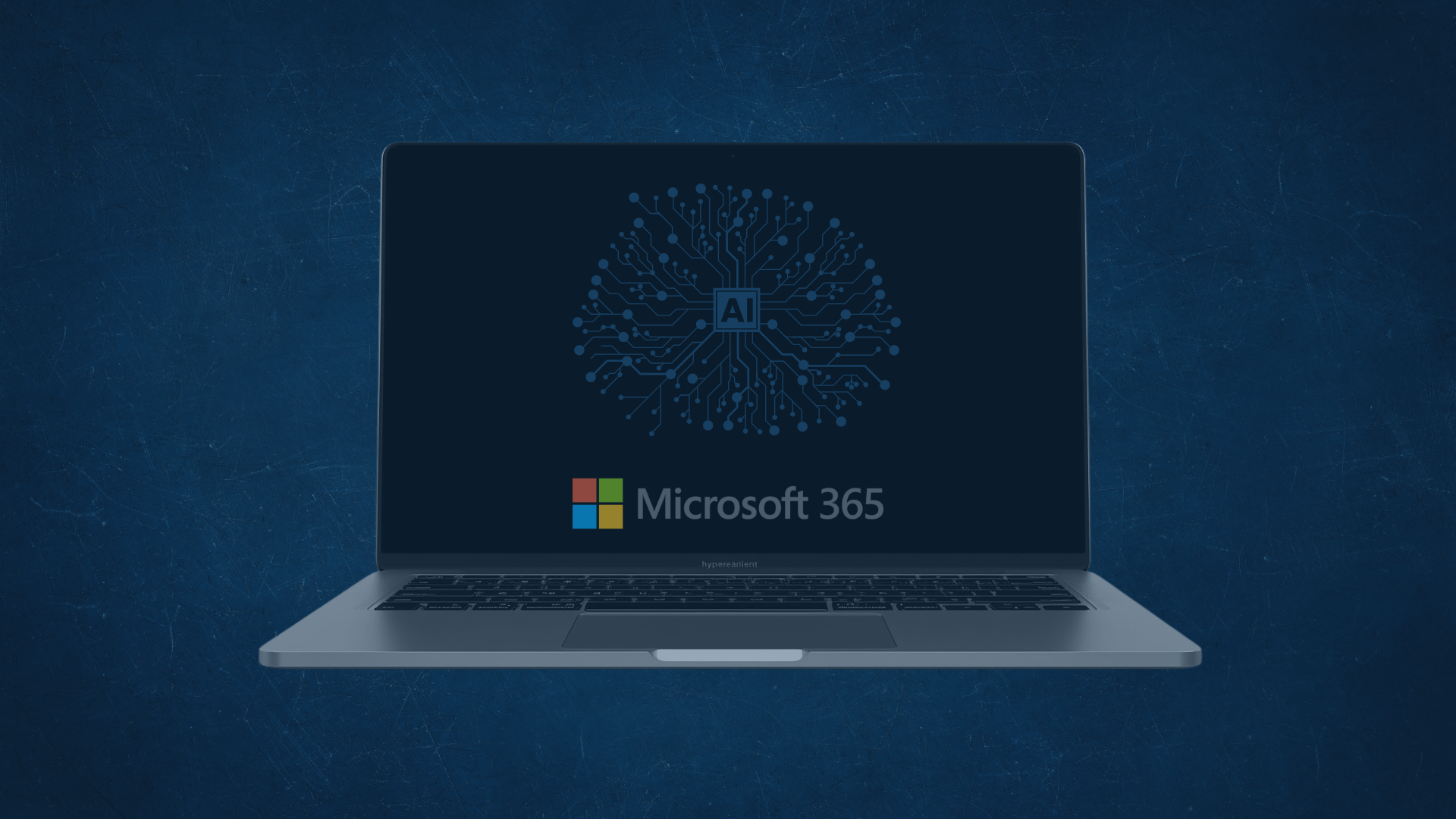 Laptop mit Microsoft-365-Logo und KI-Symbol auf dem Bildschirm vor blauem Hintergrund. Symbolisiert die Einführung von Microsoft 365 Copilot und die Potenziale durch Copilot Agents sowie ROI-Analysen für gesteigerte Produktivität und Effizienz.