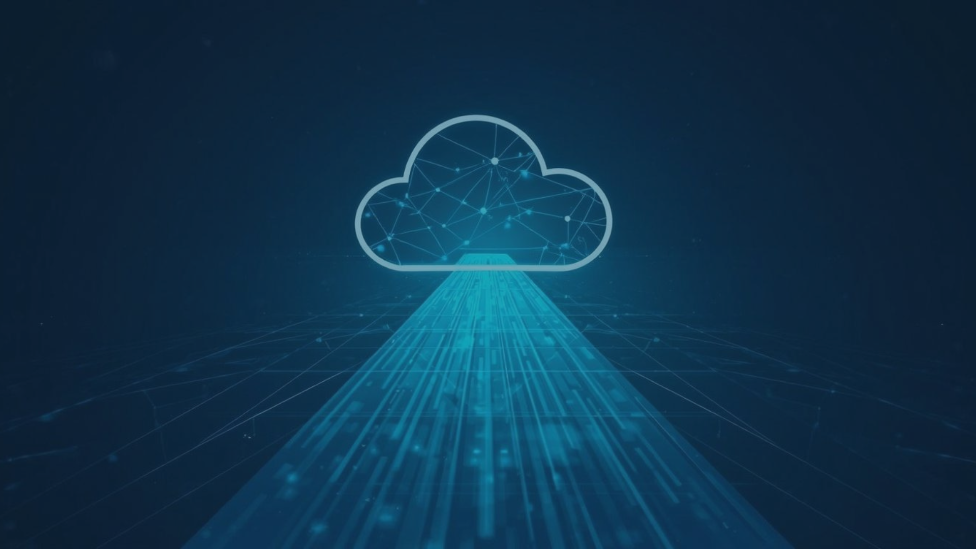 Abstrakte Darstellung einer digitalen Cloud mit vernetzten Datenpunkten und Lichtstrahlen, die den Datentransfer symbolisieren. Das Bild steht sinnbildlich für Cloud-Migration, digitale Transformation sowie Themen wie IT-Sicherheit, Skalierbarkeit und Performanceoptimierung im Rahmen des Cloud Security & Optimization Assessments von audius und Liongate.