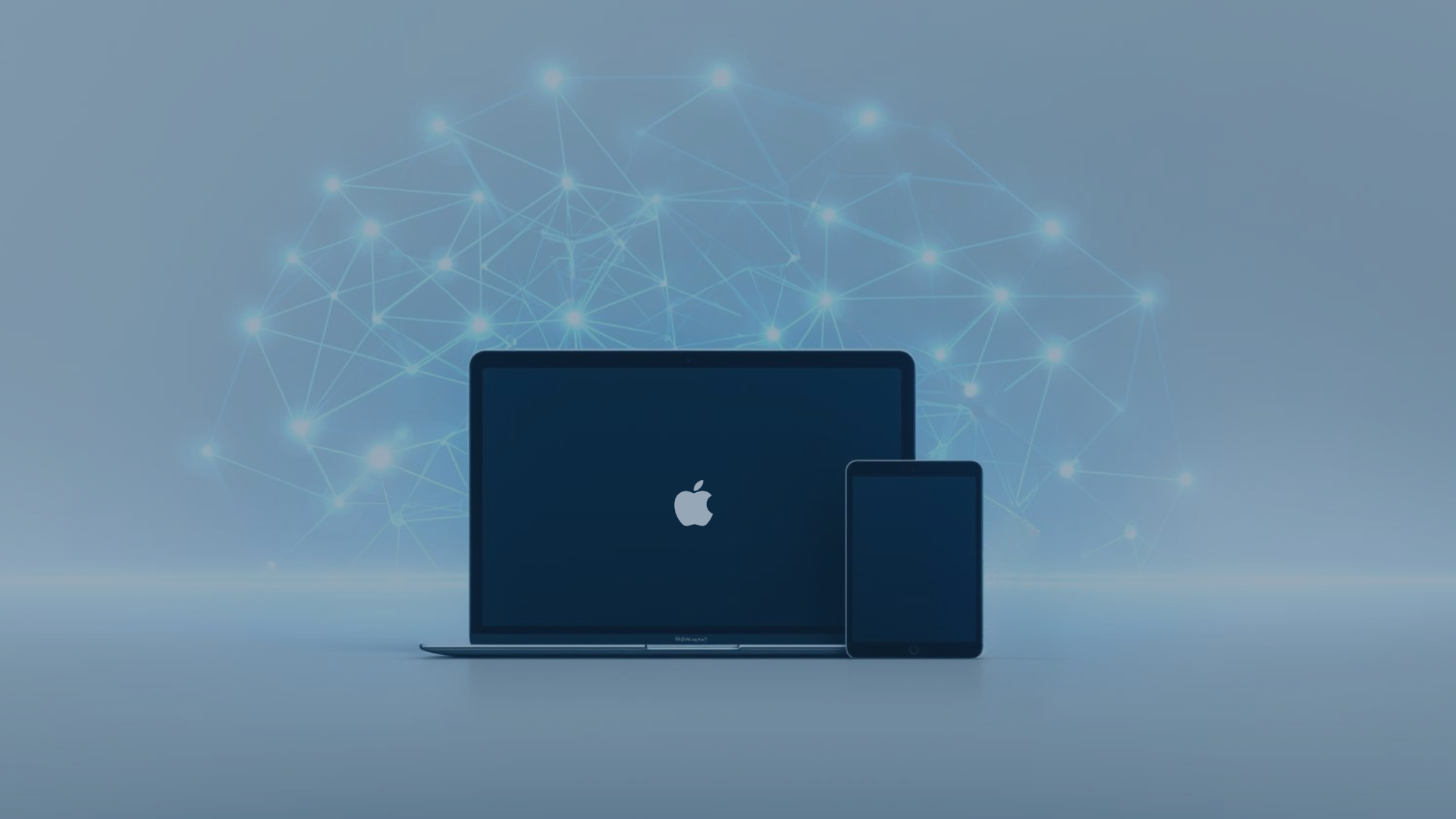 MacBook und iPad mit Apple-Logo vor vernetztem Hintergrund symbolisieren modernes Apple Device Management und digitale Infrastruktur im Unternehmenskontext mit Jamf