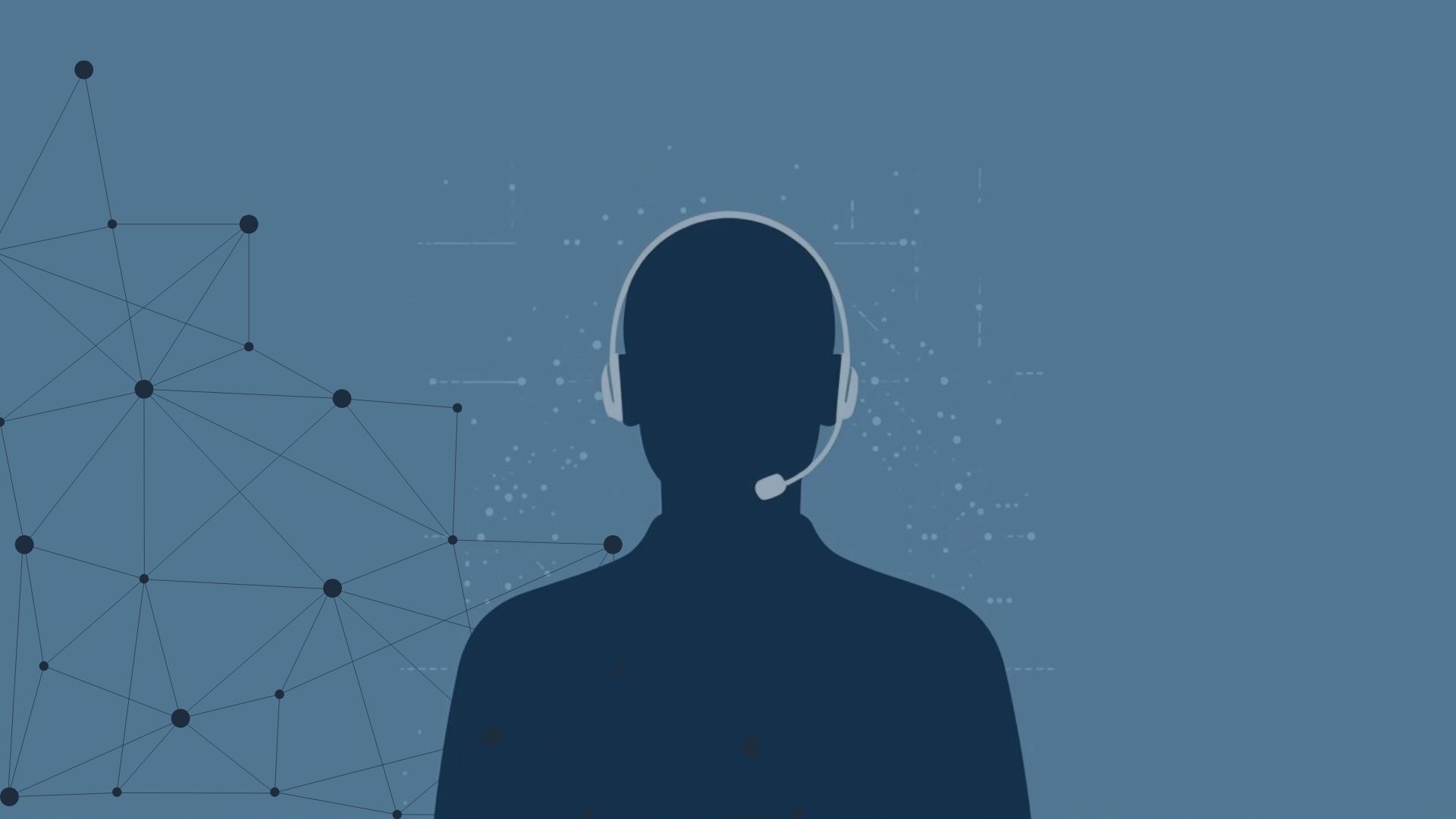 Das Bild zeigt die Silhouette einer Person mit Headset vor einem abstrakten, technologisch wirkenden Hintergrund mit vernetzten Punkten und Linien.